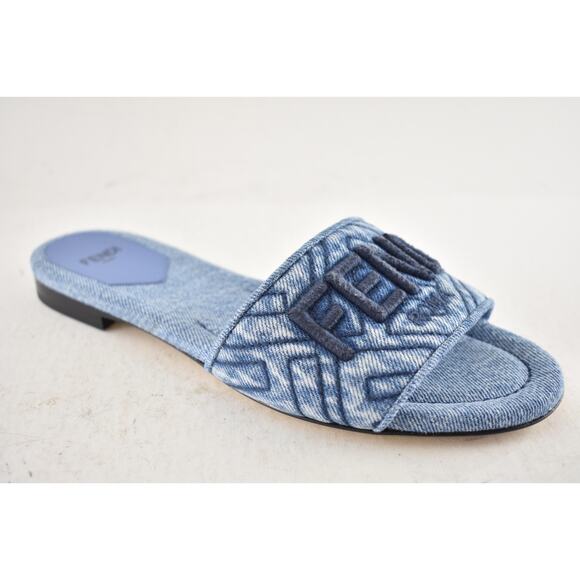 Fendi Blue Denim Signature FF Monogram Logo Mule Slide Flat Flip Flop Sandal 36 - Picture 6 of 15